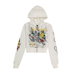 Ed Hardy Brave Eagle Cropped Hoodie Hettegenser Dame Hvite | GN4879031