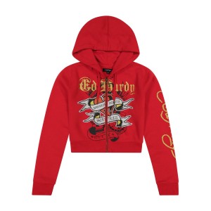 Ed Hardy Broken Hearts Cherry Zip Front Cropped Hoodie Hettegenser Dame Rosa | SC8496135