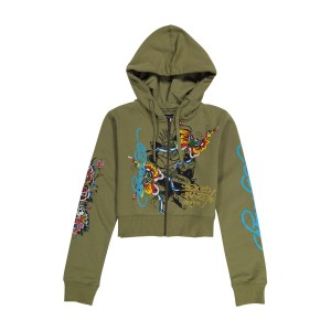 Ed Hardy Butterflies Cropped Hoodie Hettegenser Dame Olivengrønne | YM9567104