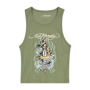 Ed Hardy Death Before Dishonor Dagger Rib Tank Top Singlet Dame Olivengrønne | AU0673981