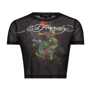 Ed Hardy Dragon Print Mesh Shirt Baby Tees Dame Svarte | DI6524710