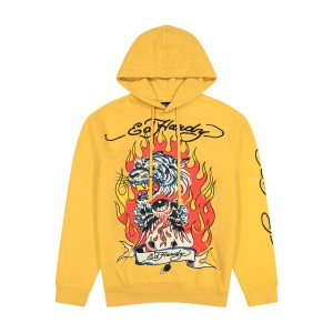 Ed Hardy Fire Tiger Golden Yellow Pullover Hoodie Hettegenser Herre Gul | CG9356872