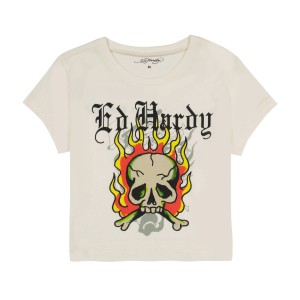 Ed Hardy Flame Skull Baby Tee Baby Tees Dame Hvite | RD4358726