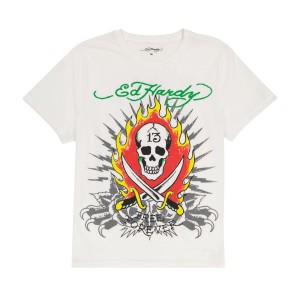 Ed Hardy Flame Skull Tee T-skjorte Herre Cloud Dancer | BQ6324978