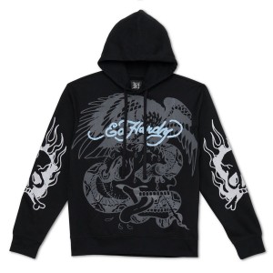 Ed Hardy Flaming Skull Hoodie Hettegenser Herre Svarte | JT1056897