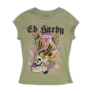 Ed Hardy NYC Skull Cap Sleeve Tee Baby Tees Dame Olivengrønne | XT6089725