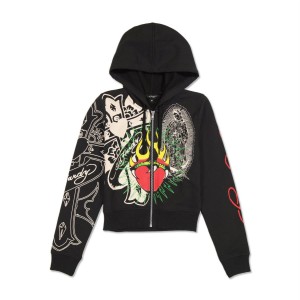 Ed Hardy Sacred Heart Cropped Zip Fleece Hoodie Hettegenser Dame Svarte | CS9521864