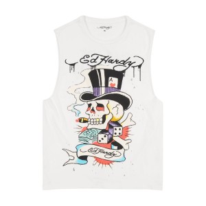 Ed Hardy Skull Tophat Mens Cutoff Tee T-skjorte Herre Hvite | RT2601489