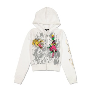 Ed Hardy Tiger Dagger Cropped Zip Fleece Hoodie Hettegenser Dame Hvite | QZ7862130