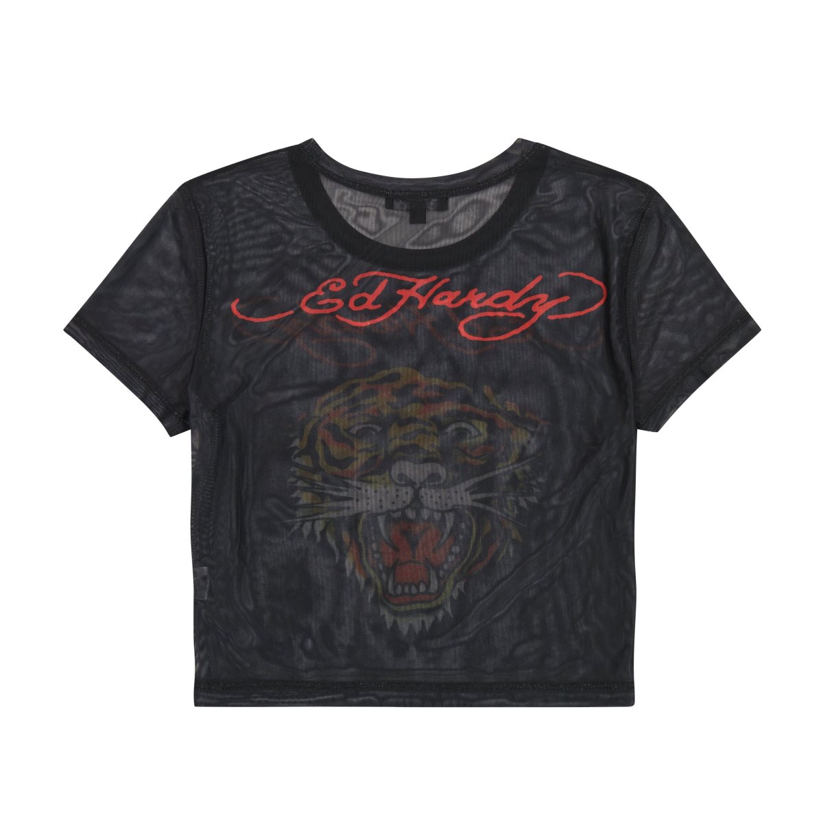 Ed Hardy Mesh Tiger Head Baby Tee Topper Dame Svarte | XT0716985