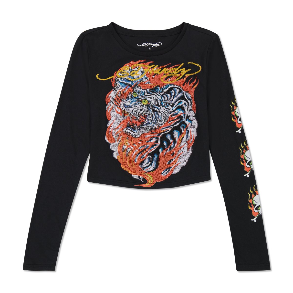 Ed Hardy Rhinestone Flaming Tiger Long Sleeve Baby Tee Baby Tees Dame Svarte | KM7865129