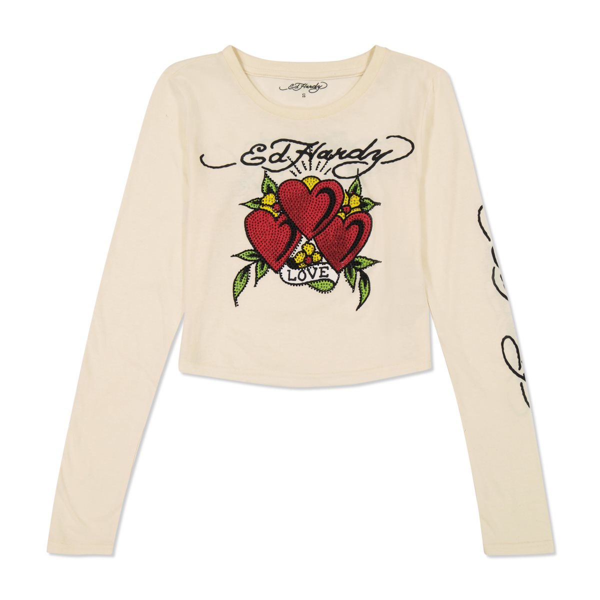 Ed Hardy Rhinestone Long Sleeve Hearts Baby Tee Baby Tees Dame Hvite | CY1590368