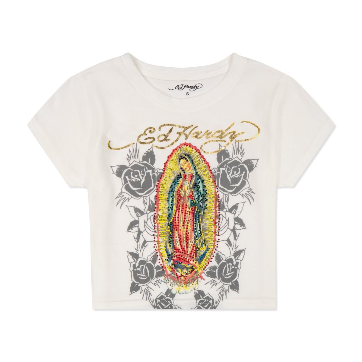 Ed Hardy Rhinestone Mary Baby Tee Baby Tees Dame Hvite | ED0412798