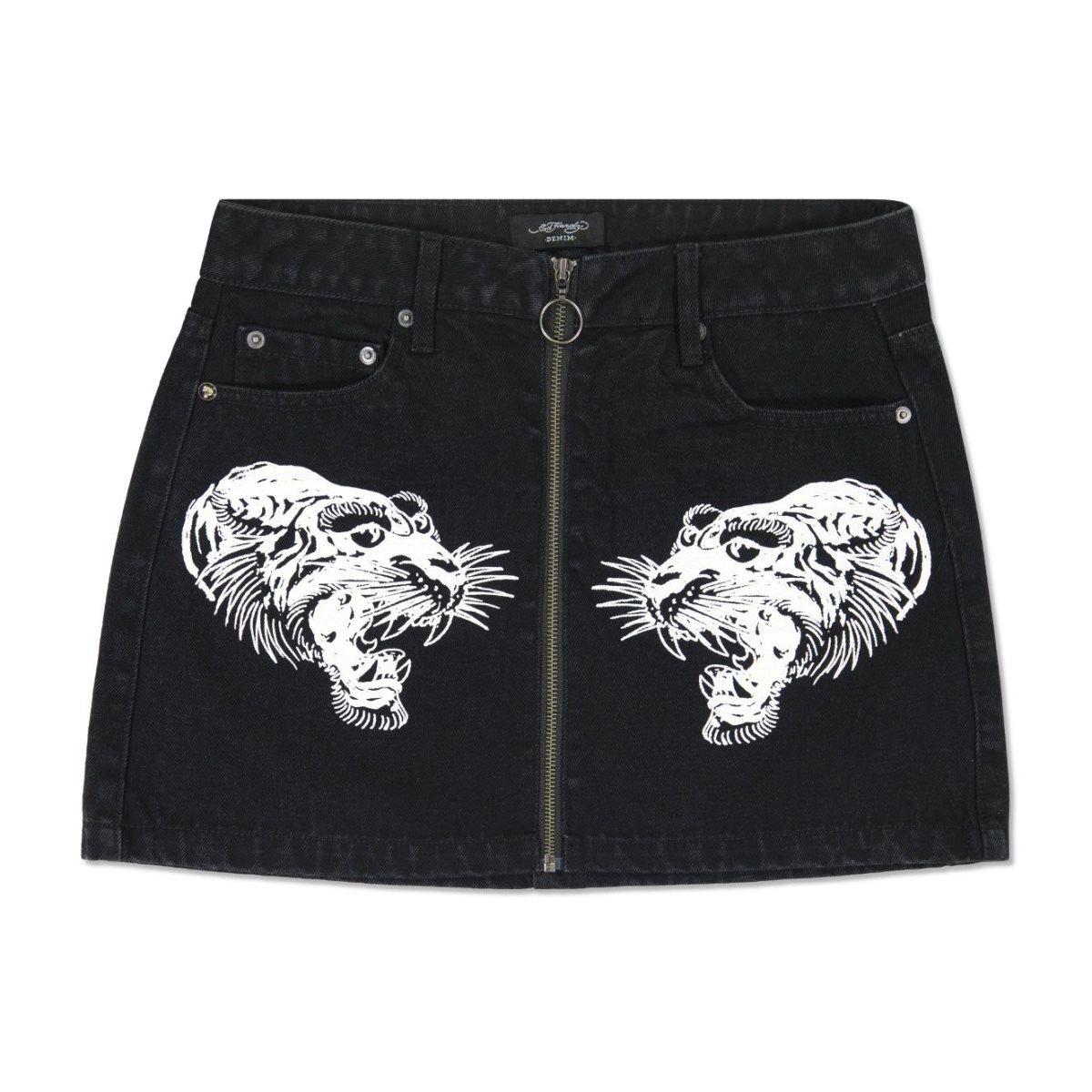 Ed Hardy Tigers Zipper Front Mini Denim Skirt Bukse Dame Svarte Lyseblå | MI5310726